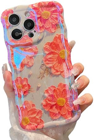 XIZYO Colorful Retro Oil Painting Flower Case for iPhone 13 Pro, Curly Wave Frame Laser Glossy Cute Floral Aesthetic Phone Case, Girls Women Slim Soft TPU Shockproof Cover, Pink Flower/Green