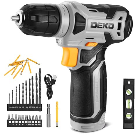 DEKOPRO 8V Cordless Drill, Drill Set with 3/8Keyless Chuck, 42pcs Acessories, Built-in LED, Type-C Charge Cable, Gray Power Drill for Drilling and Tightening/Loosening Screws