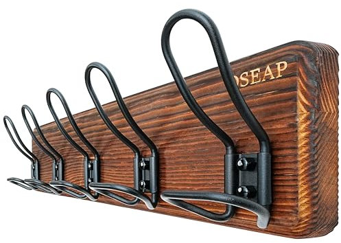 Dseap Garderobe - Stabil Vintage - Garderobenleiste Holz in Landhausstil, Rustikale Hakenleiste, Garderobenhaken Wand, Kleiderhaken mit 5 Draht-Haken Doppelt, G25A, Rustikales Braun