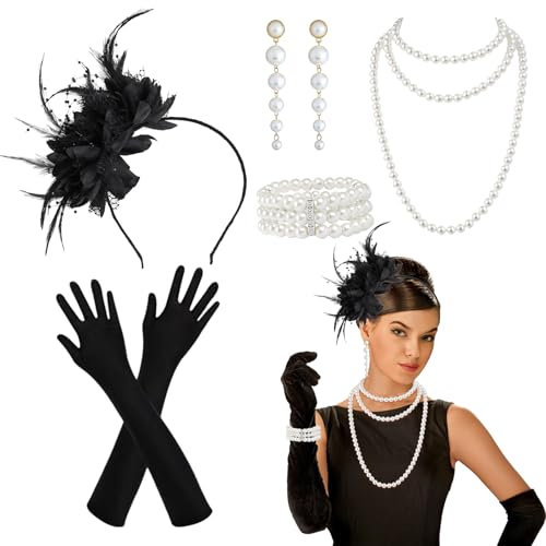 PEAKTOP Great Gatsby Accessoires für Damen, 1920er-Jahre Zubehör-Set, Gatsby-Accessoires für Damen, 1920er-Jahre-Stil, Flapper-Zubehör mit Ohrringen, Perlenkette, Handschuh, Stirnband, 6-teilig