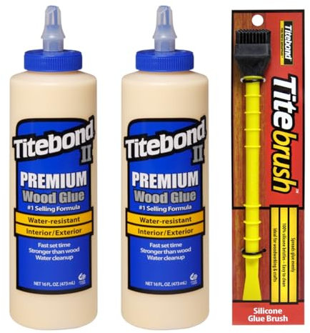 Titebond II Premium - 2 colle per legno da 473 ml, resistente alle intemperie, colla per legno per interni ed esterni + applicatore per colla Titebrush nero