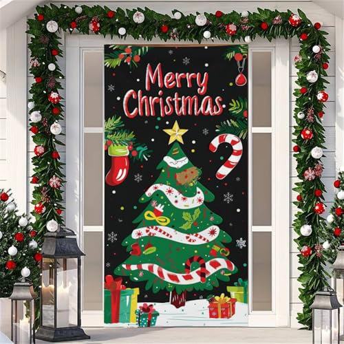 Surwin Colgar Forro Puerta Navidad, Adornos Navidad Decoración Muñeco de Nieve Cubierta de Puerta de Navidad, Decoracion Navidad Entrada Exterior Pancarta de Navidad (Feliz Navidad,90x200cm)