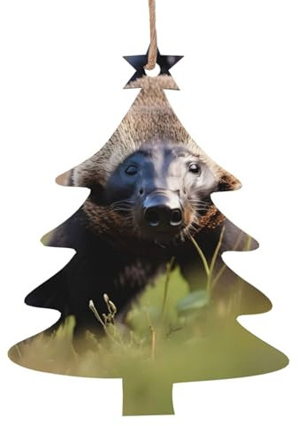 Ornamenti per albero di Natale in legno bianco e nero con stampa di tasso miele rustico da appendere con corde di iuta