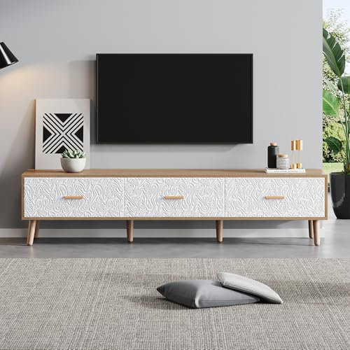 BTM Meuble TV Bois, Meuble TV avec 3 Tiroirs, Banc TV Longueur 150cm, Style Rétro, Meuble Télé pour Télévisions 70 Pouces, Charge de 60kg, 150x35x39cm, Blanc et Brun