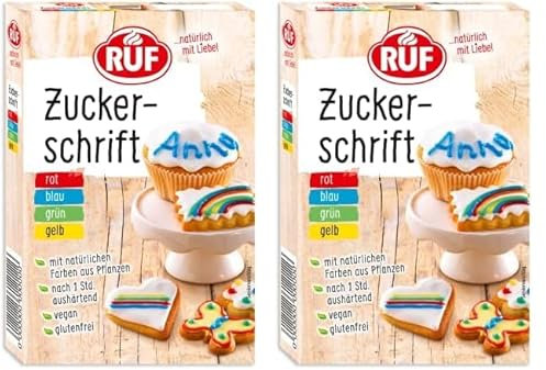 RUF Zucker-Schrift, 4 natürliche Farben aus Pflanzenextrakt, Dekor-Schrift für Plätzchen, Fondant, Glasur und Zuckerguss, Tortendeko glutenfrei & vegan, 4 x 25g (Packung mit 2)