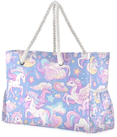 Grand sac de plage avec fermeture éclair et porte-gobelets sur le côté Motif licornes arc-en-ciel Violet