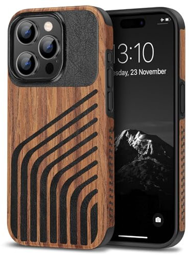 TENDLIN Kompatibel mit iPhone 15 Pro Hülle Holz und Carbon Textur Design Leder Hybrid Handyhülle (Haaransatz)
