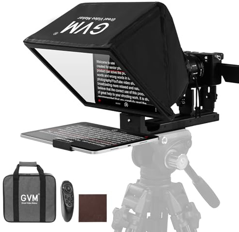 GVM 12 Teleprompter mit Fernbedienung und App, zusammenklappbarer Teleprompter für Pad Tablet, Telefon, DSLR Kamera, Prompter mit Tragetasche, reflektierendes HD Display, für Videoaufnahmen/Vlogger