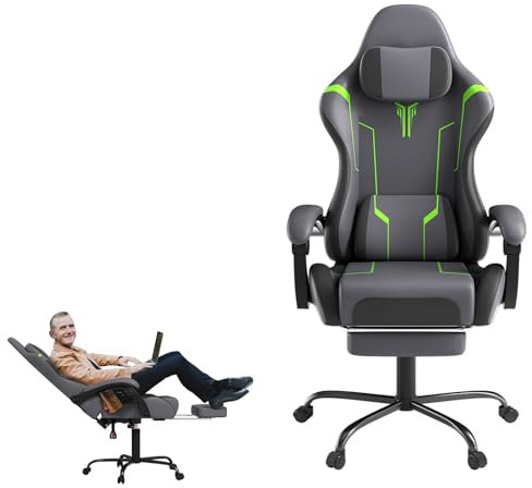LZQ Silla para juegos con masaje, silla ergonómica para gaming con reposapiés telescópico, reposacabezas y cojín lumbar de masaje, respaldo ajustable 90-135° - gris y verde