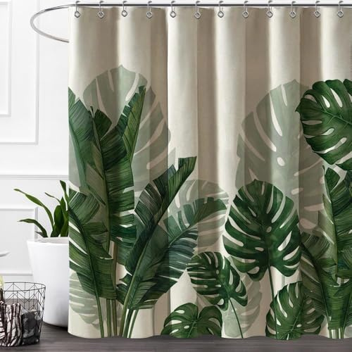 Baccessor Tenda da doccia in lino con foglie verdi tropicali tende da doccia botaniche banane monstera foglia palma idrorepellente tessuto resistente tenda da doccia per vasche da bagno hotel 183 x