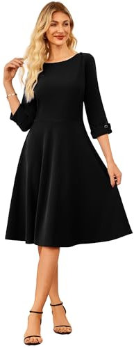 GRACE KARIN Women's Summer Office Work Dresses Boat Neck 3/4 Sleeve Flared A-Line Dress for Party Black L