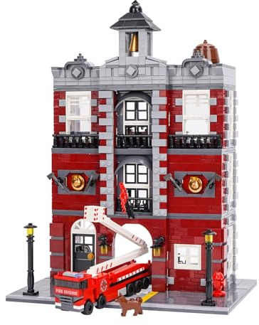 Geniteen brandbil med brandbil, 1823 delar, kreativ gatutsikt stadsmodell, gör-det-själv-leksak för barn och vuxna (brandstation) | 3 nivåer avtagbar gatutsikt stad hus byggsats, kreativ hus kontor dekomodell, gör-det-själv-leksak för vuxna