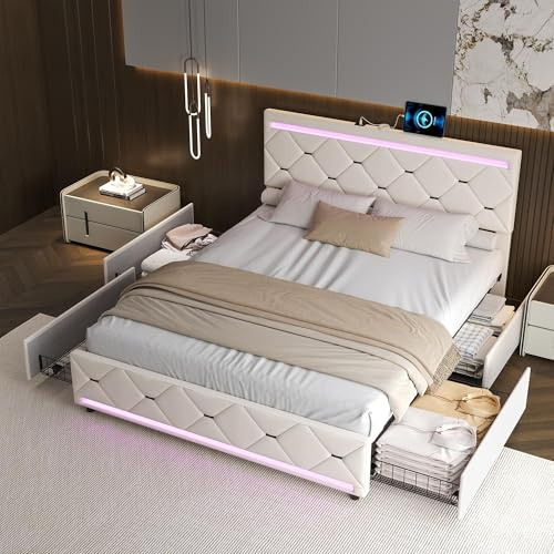 WSOFZMO Polsterbett 160x200 mit Stauraum, Doppelbett mit 4 Schubladen, Boxspringbett 160x200 mit LED & USB Ladefunktion, Jugendbett, Bettgestell mit Lattenrost, Samt, Ohne Matratze (Weiß, 160 * 200)