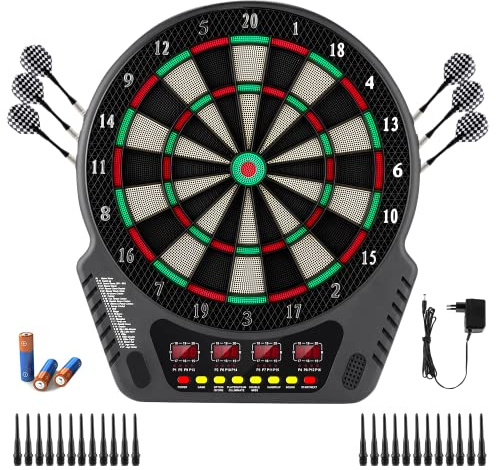 Elektronische Dartscheibe, Profi Elektronik Dartspiel mit 6 Dartpfeil und 24 Pfeilkopf 27 Spiele 243 Spieloptionen E Dardboard mit 4 LCD-Anzeige E-Dartscheibe für 16 Spieler