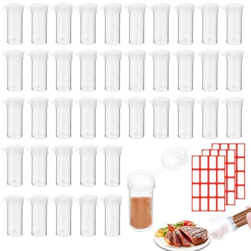 40 Stk Mini Salzstreuer mit Tags, 6g Plastik Salzstreuer mit Klappdeckel Gewürzstreuer Transparent, Kompakt und Tragbar für Reisen, Camping, Outdoor-Aktivitäten und Geschäftsreisen