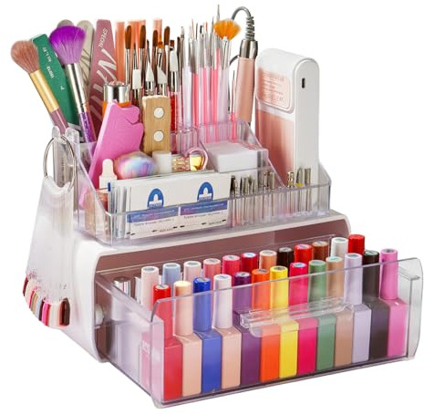 Yokilly Nail Polish Organiser Storage Box, Nail Drill Holder with Drawer | Acrylic, 2 Layers, 13 Drill Bits Holes, 40 Brushes Holes, Cosmetic Makeup Organizer Case for Dresser Bathroom Vanity