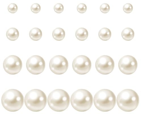 12 Pairs Pearl Earring Studs, White Pearls Stud Earrings for Women, 4 Mixed Sizes Round Simulated Pearl Earrings for Bridal, Wedding, Birthday, Christmas