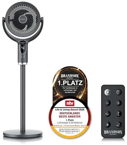 Brandson - Standventilator mit 3D Oszillation, Fernbedienung - Sieger Life & Living Award 2026 - Sehr leise - Schlaf Modus 3 Stufig höhenverstellbar 8 + 1 Geschwindigkeitsstufen - Schlafzimmer