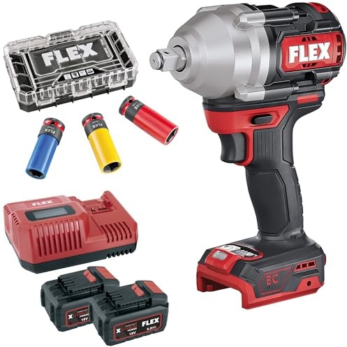 Flex Akku Schlagschrauber IW 1/2 750 18.0-EC C + P-Set 55 R + Schlagnuss-Set IPS D17-21 1/2“ (schwarz, rot, Akku-Kartuschenpresse 18 V, Schnelladegerät 12/18 Volt und zwei Akku-Packs) 535924