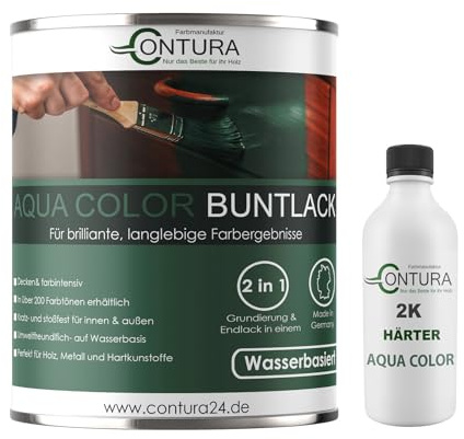 Contura 2K Buntlack Seidenmatt Lackfarbe Lack Außen Innen Holz Metall 2 Komponenten Farbe Set mit Härter Holzlack Möbellack (RAL 8001 - Ockerbraun, 750ml.)