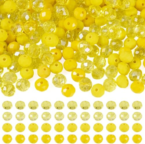 Spritewelry 200 cuentas de cristal facetadas redondas de 8 mm, cuentas de cristal amarillo, espaciador suelto para pulseras, collares, aretes, joyería, manualidades