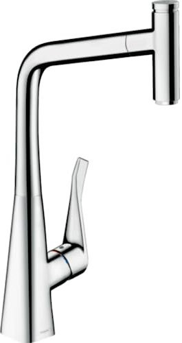 hansgrohe Metris Select Einhebel-Küchenarmatur (Komfort-Höhe 320 mm, mit Ausziehauslauf und Schlauchbox) Chrom