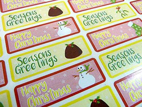 Merry, Happy Christmas Greeting Stickers, Colourful Self-Stick Labels for Cards, Envelopes, Craft, Decoration