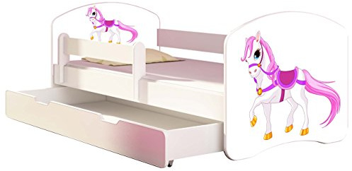 ACMA Kinderbett 140x70 Jugendbett mit Einer Schublade und Matratze, Rausfallschutz, Lattenrost Weiß, stabil, Kinderzimmer Bett, Jugendmöbel Design 43 Kleines Pferd