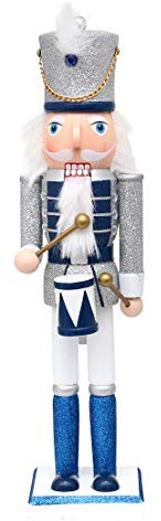 Dekohelden24 Casse-Noisette en Bois - Argenté/Bleu/Blanc - avec Paillettes - Dimensions (L x l x H) : 10 x 9 x 38 cm, 38 cm