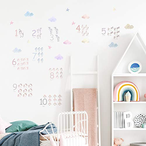 Alwayspon Wandaufkleber mit niedlichen Zahlen für Kinder/Mädchenzimmer, entfernbar, Wasserfarben, zum Abziehen und Aufkleben, Wandkunst für Zuhause, Kinderzimmer, Dekoration, Wohnzimmerdekoration