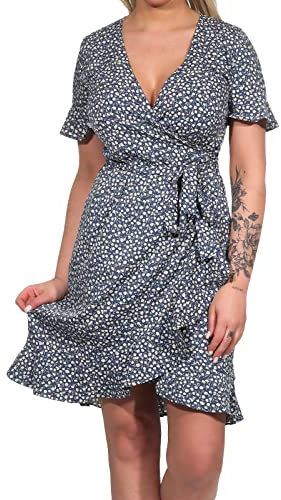 ONLY Damen Blusen Wickelkleid Lockeres Midi Kurzarm Tunika Dress Knielang mit Bindegürtel ONLOLIVIA, Farben:Blau-3, Größe:36