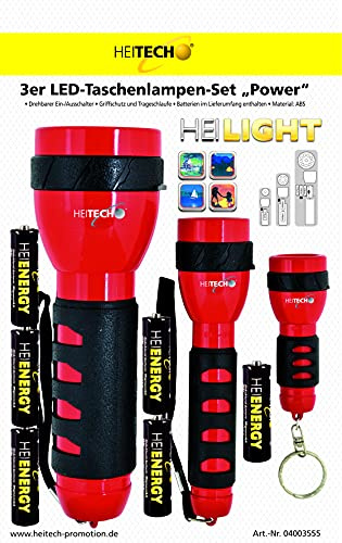 HEITECH 3er LED Taschenlampen-Set Power, inkl. 6 Mignon-Batterien, rot