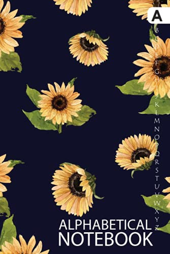 Alphabetical Notebook: A5 Alphabetical A-Z Index Lined Journal with Tabs Printed, Sunflowers Design Navy