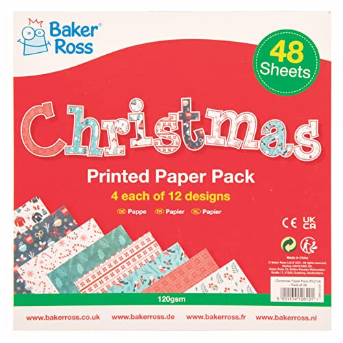 Baker Ross FC214 Carta stampata di Natale per bambini - Confezione di 48, carta decorativa, carta per scrapbooking, carta per origami, Natale per bambini