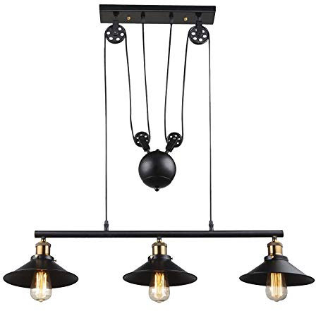 etc-shop Pendelleuchte Zugpendelleuchte Hängelampe Metall, schwarz, Höhe verstellbar, 4 Rollen, Landhaus Stil 3x E27 Fassungen, LxBxH: 92x8x180 cm