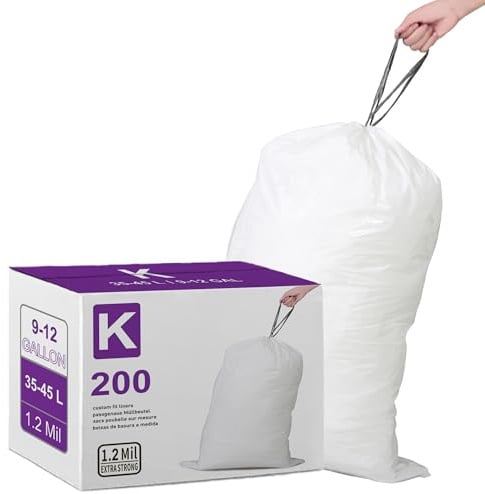 Code K (200 Count) 10-13 Gallon Heavy Duty Trash Bags 1.2 Mil THICK 35-45 Liter Reinforced Drawstring Compatible with simpleman Code K White Garbage Can Liners Leak-Proof & Tear Resistant