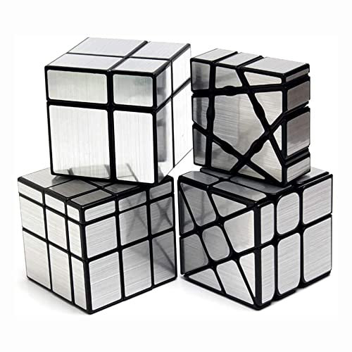 Yealvin Zauberwürfel Set - 1×3×3 Floppy, 2×2, 3×3 Spiegel und 3×3 Windmill Magic Cube Puzzle für Intelligenzentwicklung - 4er Pack Silber