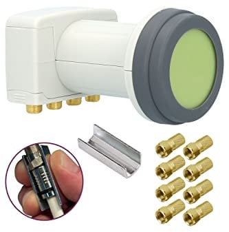 [ Test SEHR GUT, Note 1.2 *] GSS Helios Quad LNB + 8X F-Stecker, mit LTE Abschirmung & Sun Protect UV Schutz, 4Fach HD 4K LNB für 4 Teilnehmer (TV Fernseher, Sat Receiver) LMB LNC für Satelliten