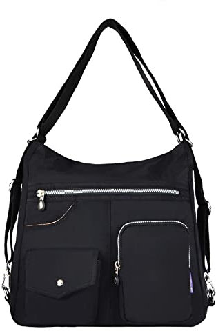 NOTAG Damen Nylon Schultertasche, Große Kapazität Reise Multipocket Shopper Umhängetasche Leicht Rucksack (Schwarz)
