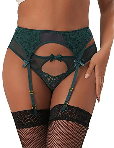 lau-fashion Strumpfhalter Strapsgürtel Unterwäsche Grün Spitze Dessous Hüfthalter Strapse Slip S/XL