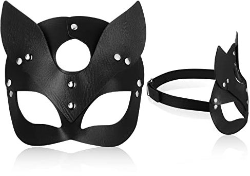 Chalyna* Katzenmaske Damen Karneval Cat Kostüm Zubehör Schwarze PU Ledermaske Augenmaske Katzen Cosplay Zubehör Halbes Gesicht Maske für Karneval Valentinstag Halloween Fasching Maskerade Tier Party