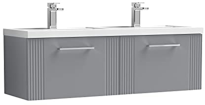 nuie DPF294C Deco Modern Bathroom Wall Hung 2 Drawer Part Fluted Vanity Unit with Twin Polymarble Basin, Satin Grey
