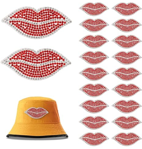 20PCS Rhinestone Red Lip Iron on Patches, Sew on Rhinestones Red Lip Patch Sequin Applique Iron on Repair Patches Handbag Red Lips Patches Clothes Appliques for Jeans Hat Decoration