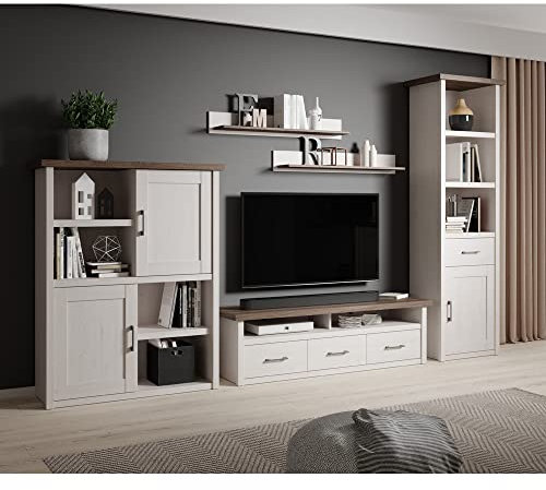 Lomadox TV Möbel Set im Landhausstil in Pinie weiß Nb./Trüffel Eiche Nb., B/H/T: ca. 344/201/43 cm