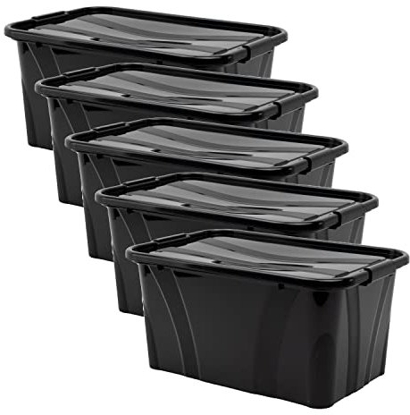 Aufbewahrungsbox + Deckel 5er Set versch. Größen Transportbox schwarz | Lebensmittelbox lebensmittelgeeignet Kunststoffbehälter Lagerbox stapelbar Wäschebox (L38,5 x B25,5 x H18,5cm, 14 l)