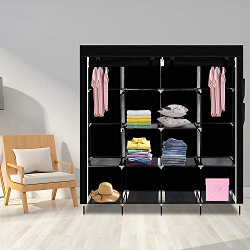 LEADZM Kleiderschrank Faltschrank Stoffschrank Faltbare Garderobe Canvas mit Reißverschluss Stoffschrank Kleiderschrank mit Kleiderstange, Fächern, 169,5 x 44 x 181,5 cm (Schwarz)