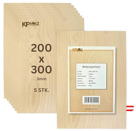 KF-Holz 5 láminas de madera contrachapada de abedul (20 x 30 cm, 3 mm) – Planchas multiplex de alta calidad para manualidades, cortes de madera, modelismo