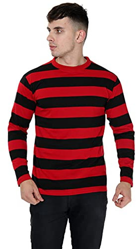 WickedFun® Unisex Long Sleeved Stripe Crew Neck T-Shirt Men Women Casual Striped T-Shirts Sizes S-XXL (Red & Black, Large)