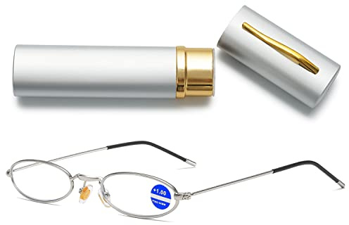 VEVESMUNDO Kleine Blaulichtfilter Lesebrille Damen Herren Metall Mini Schmal Kompakt Anti Blaulicht Lesehilfe Brille mit Metall Etui