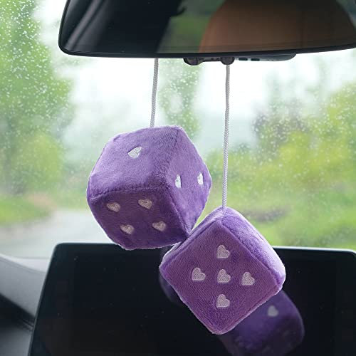 2 Paar Auto Hängend Ornament, Schaukel Fuzzy Plüsch Würfel mit Punkten Auto Rückspiegel Hanging Zubehör Auto Dekoration Charm Anhänger Auto Ornamente Innenspiegel Anhänger - Lila 7.5cm
